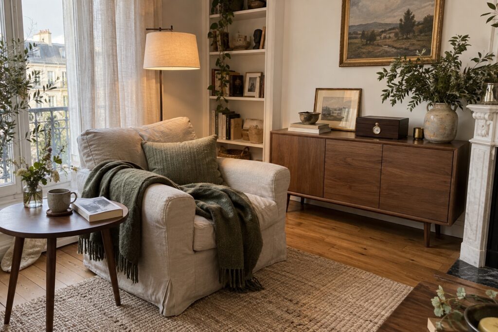 Coin détente élégant et chaleureux avec fauteuil et lumière douce